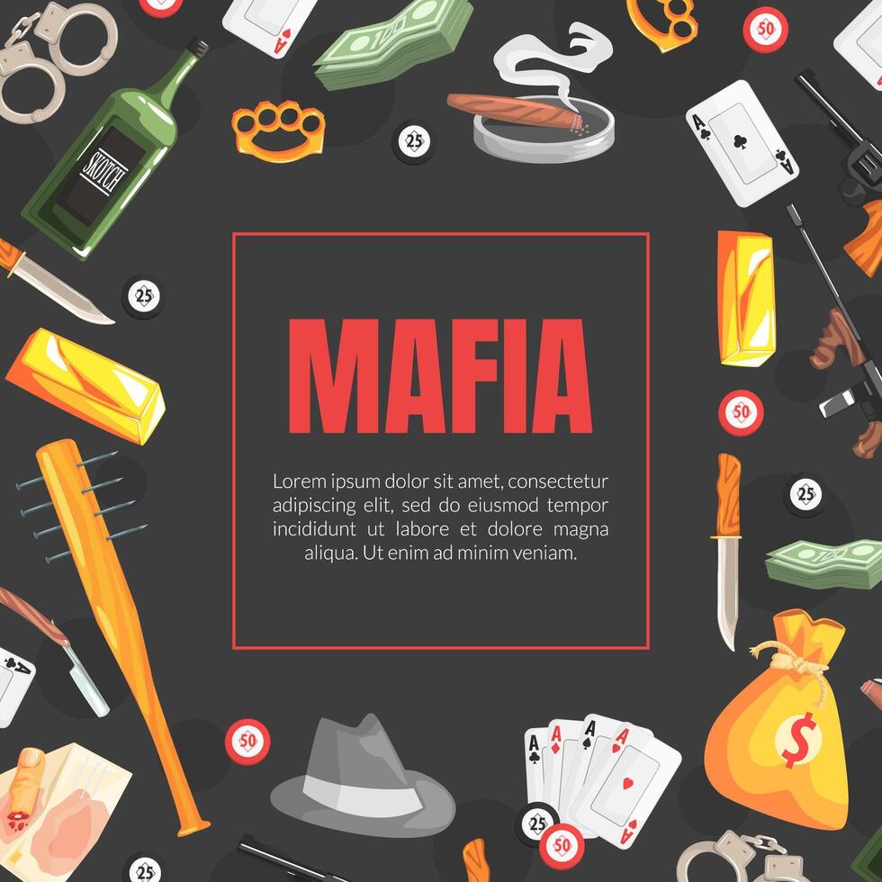 Mafia Banner Template with Space for Text and Gangsters Vintage Objects, Invitation Card, Poster, Banner, Background Illustration vector
