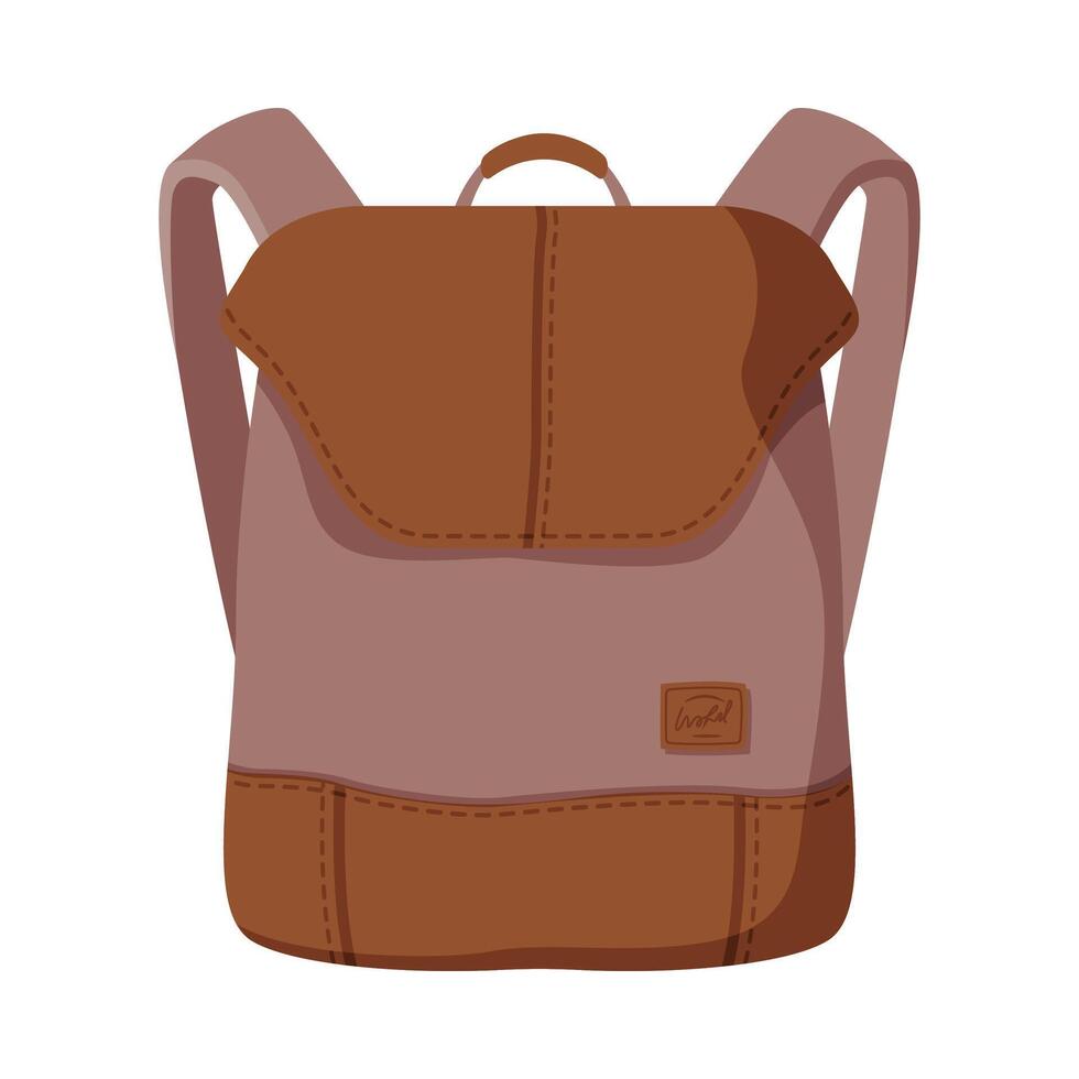 Brown Backpack for Schoolchildren or Students, Front View of Travel Bag Flat Style Illustration on White Background vector