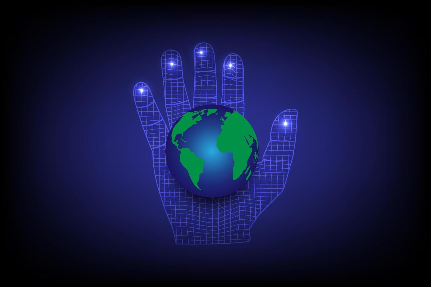 The globe is placed on a high tech hand-woven net of bright light on a dark blue background vector