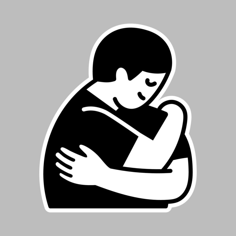 Self hugging sticker illustration, symbolizing self-love, self-care, and emotional healing. Represents mental health, inner peace, and personal growth vector