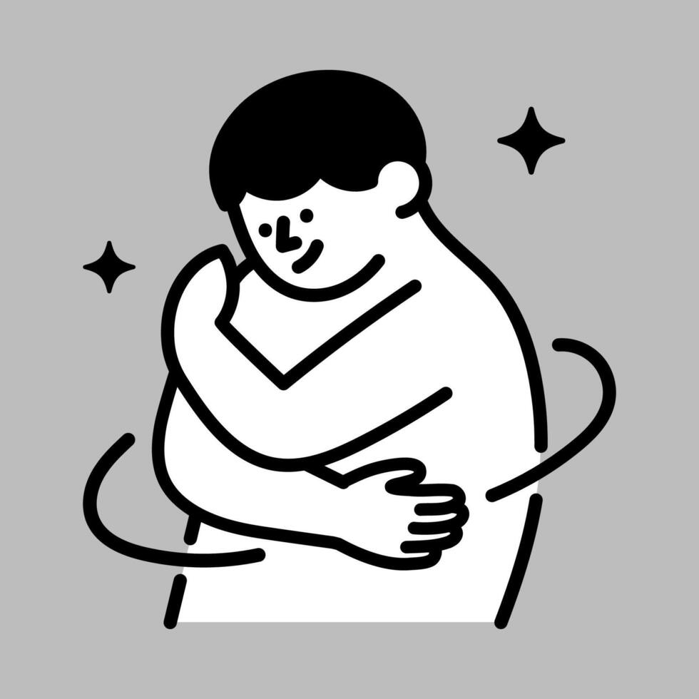 Self hugging illustration, symbolizing self-love, self-care, and emotional healing. Represents mental health, inner peace, and personal growth vector