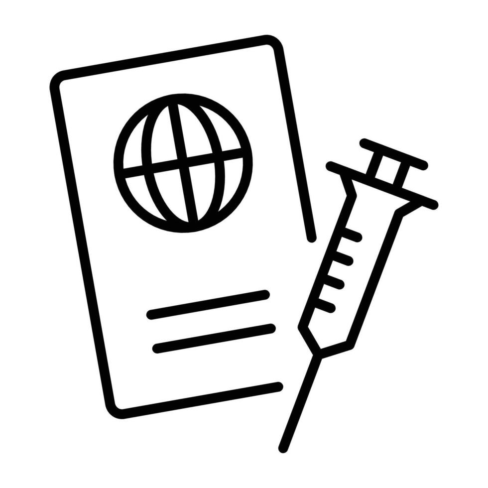 Travel vaccine passport line icon, representing health verification and international travel safety. Symbolizes vaccination proof, medical clearance, travel documents, and public health vector