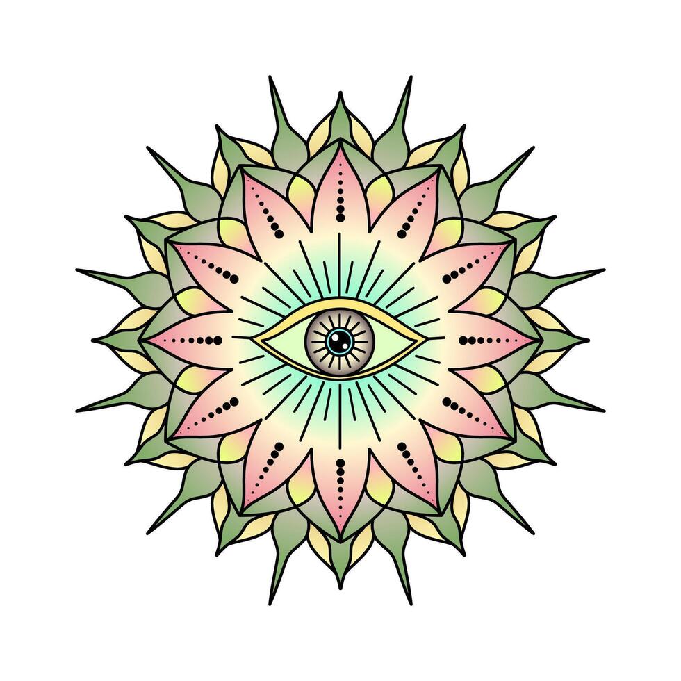 Mandala with an all seeing eye at the center on white background. vector