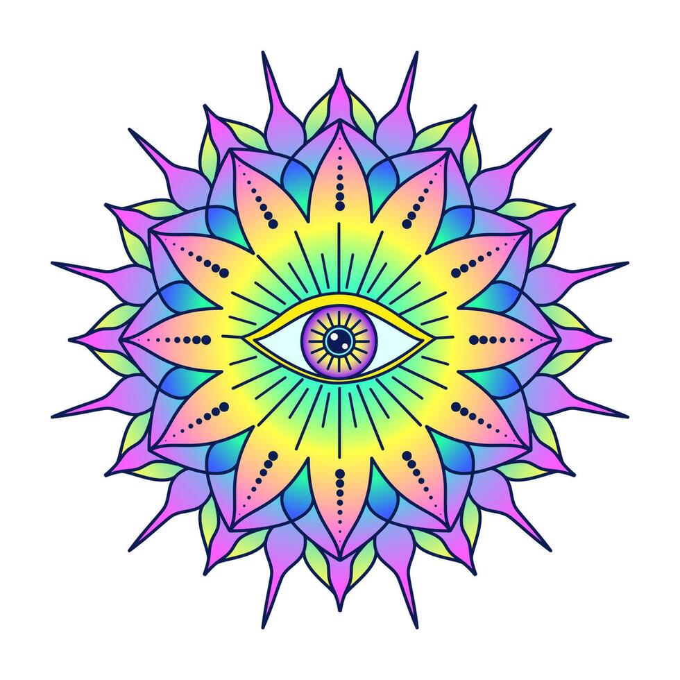 Geometric mandala with an all seeing eye at the center on white background. vector
