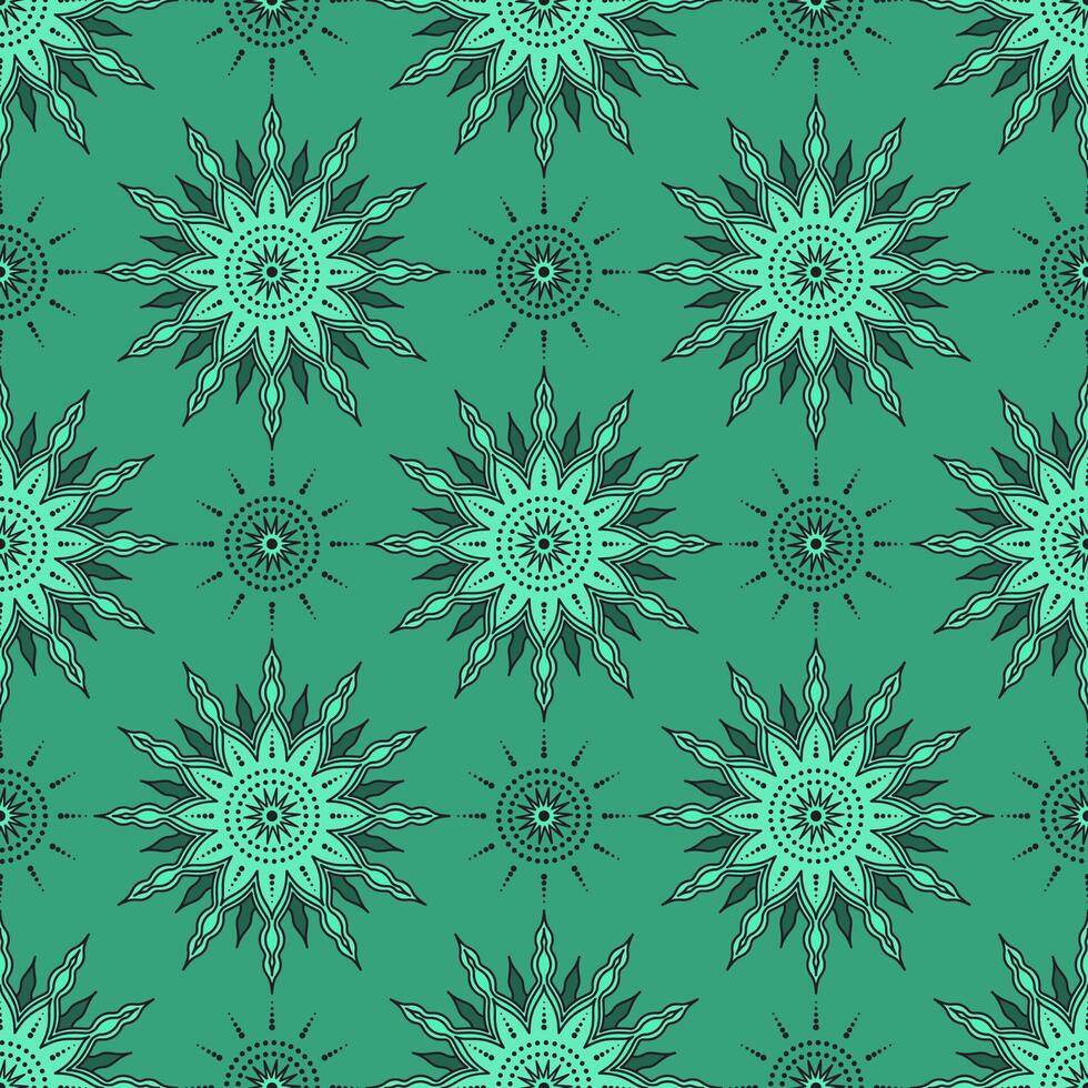 Seamless vintage inspired pattern with ornate flowers on muted green background. vector