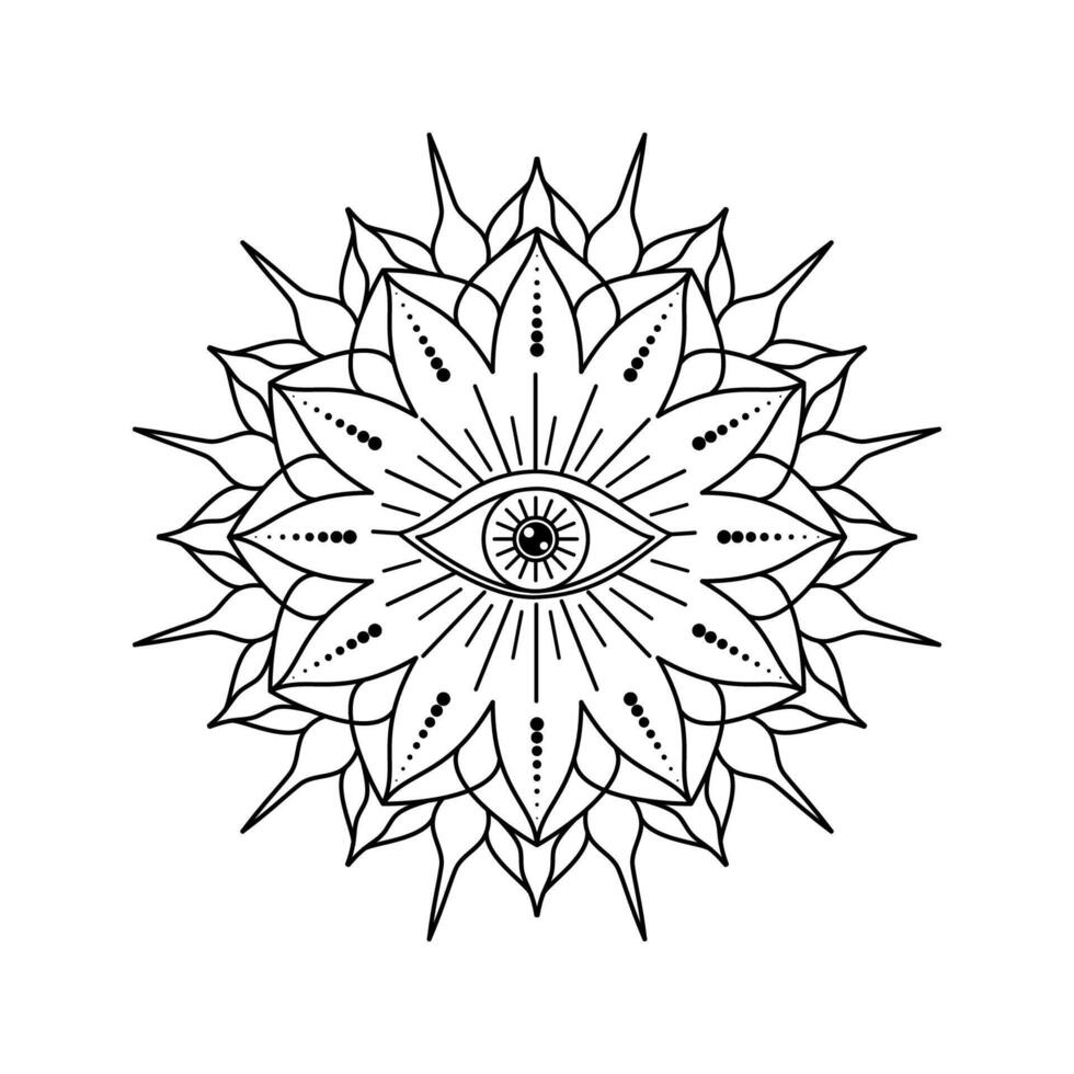 Geometric mandala with an all seeing eye at the center, surrounded by weird patterns, symbolizing spirituality and enlightenment. vector