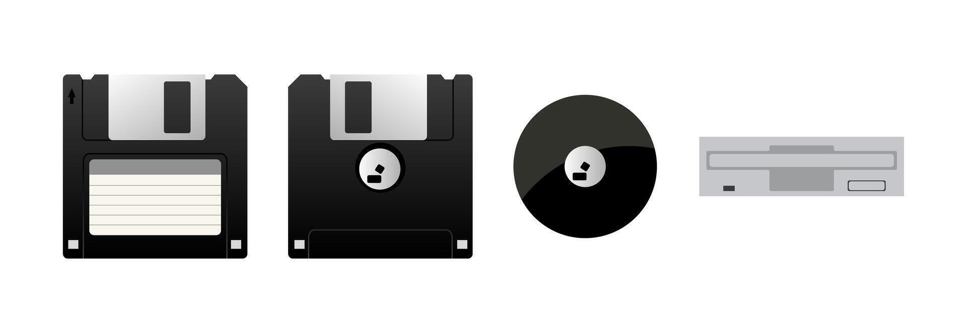 Evolution of storage devices, from floppy disk to optical disc and cd rom drive vector