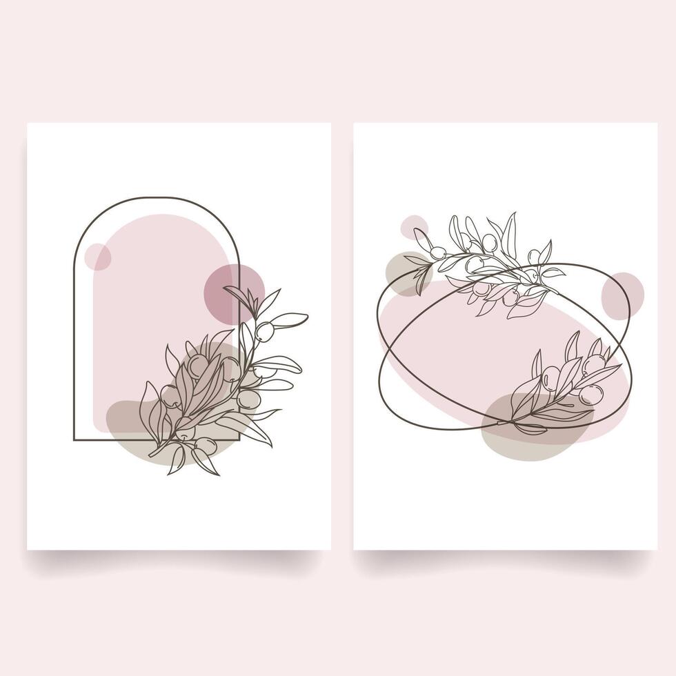 Set of minimalist floral illustrations with abstract pastel shapes and botanical line art, perfect for invitations, greeting cards, posters,branding, social media.Modern Floral Frame Templates . vector