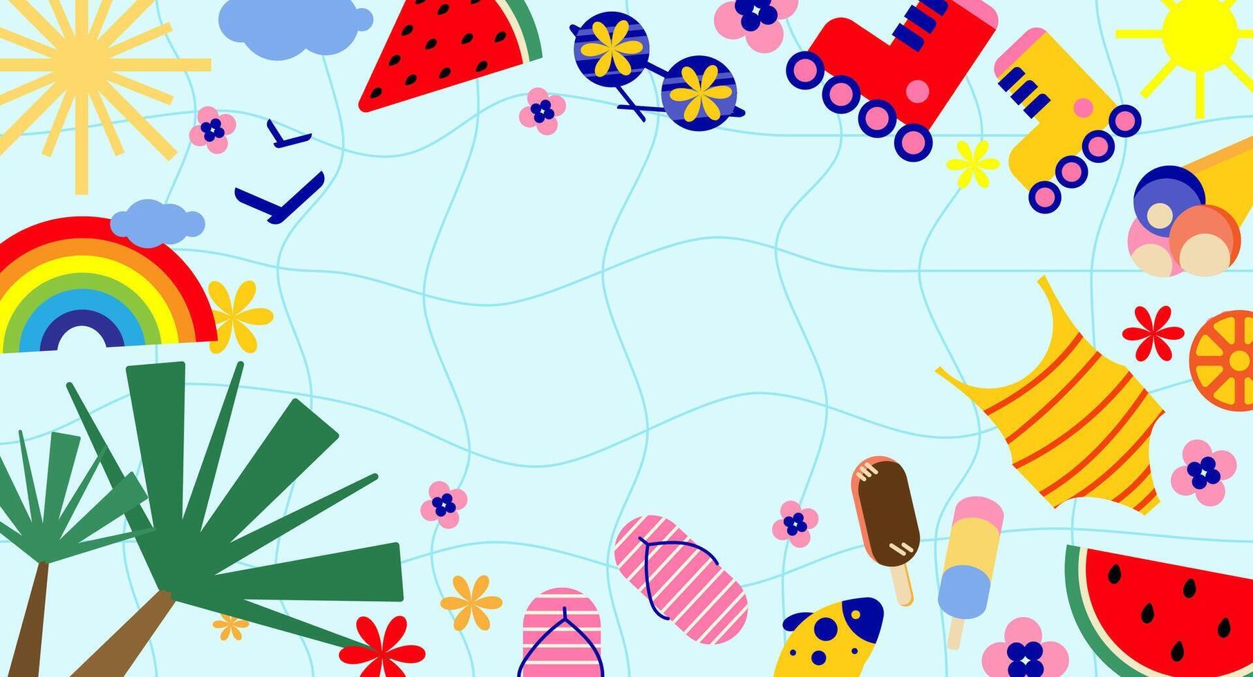 Playful Summer Background with bright seasonal elements with watermelon, flip flops, swimsuit, ice cream, sunglasses,tropical plants, for banners, party invitations, poster, digital content. vector
