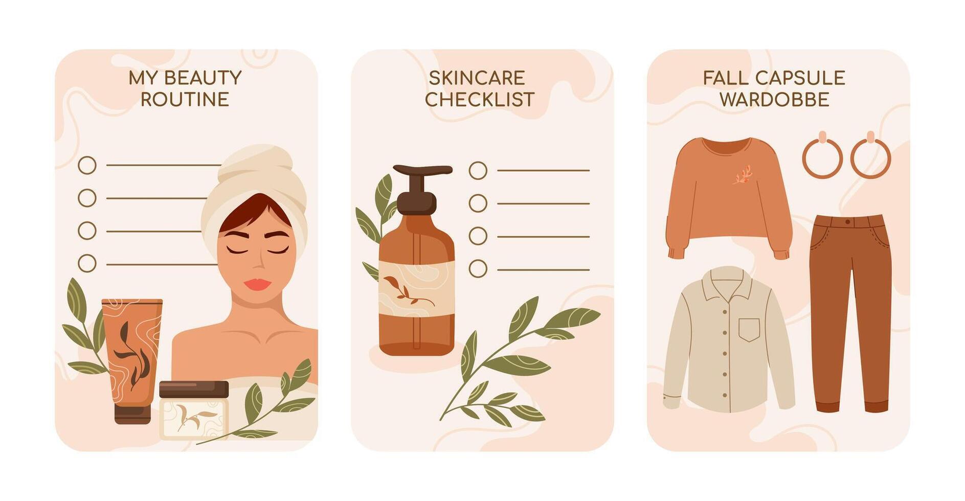 Beauty routine checklist with a woman and skincare products, a skincare checklist with a pump bottle and leaves, and a fall capsule wardrobe with clothing and accessories . illustration vector