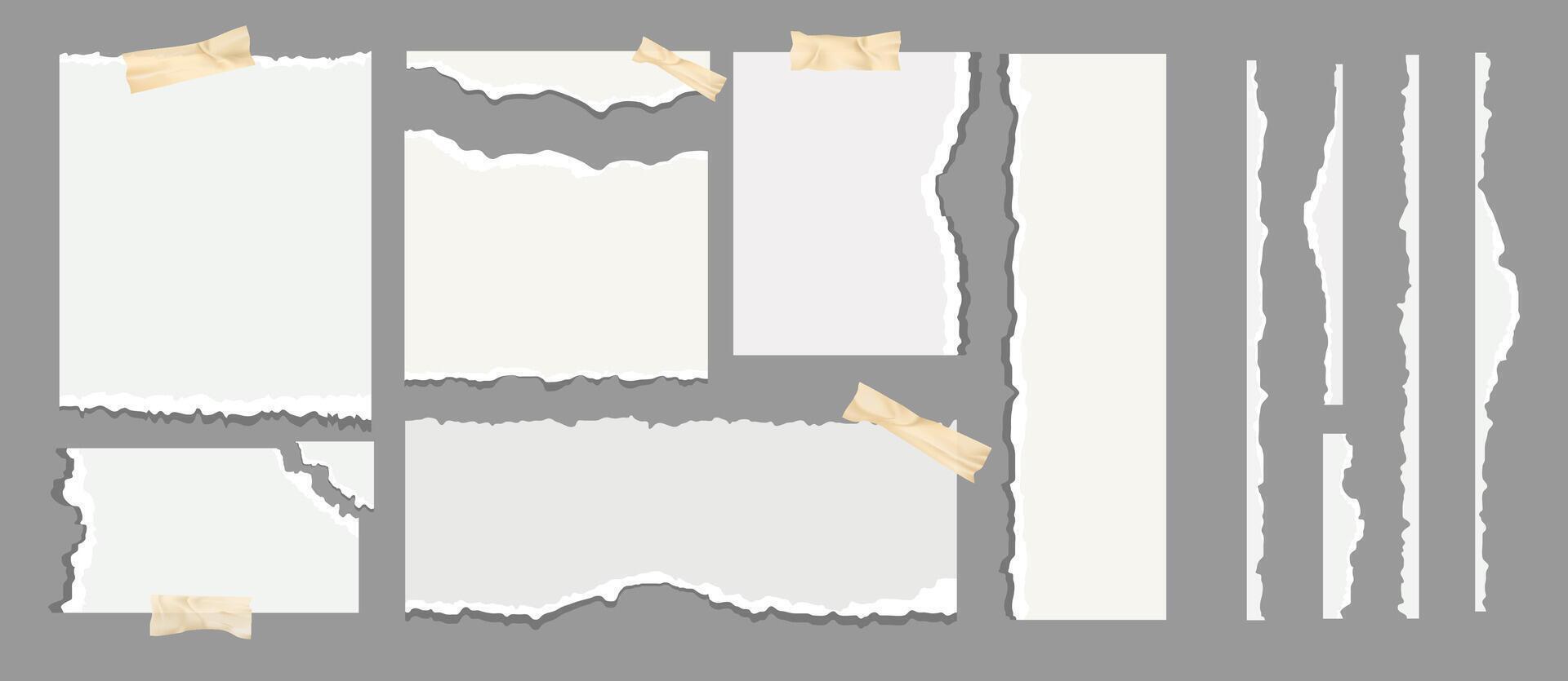 Set of realistic torn paper pieces with jagged edges and masking tape, perfect for scrapbooking, collage, mood boards, digital notes, social media templates, creative presentations. illustration vector