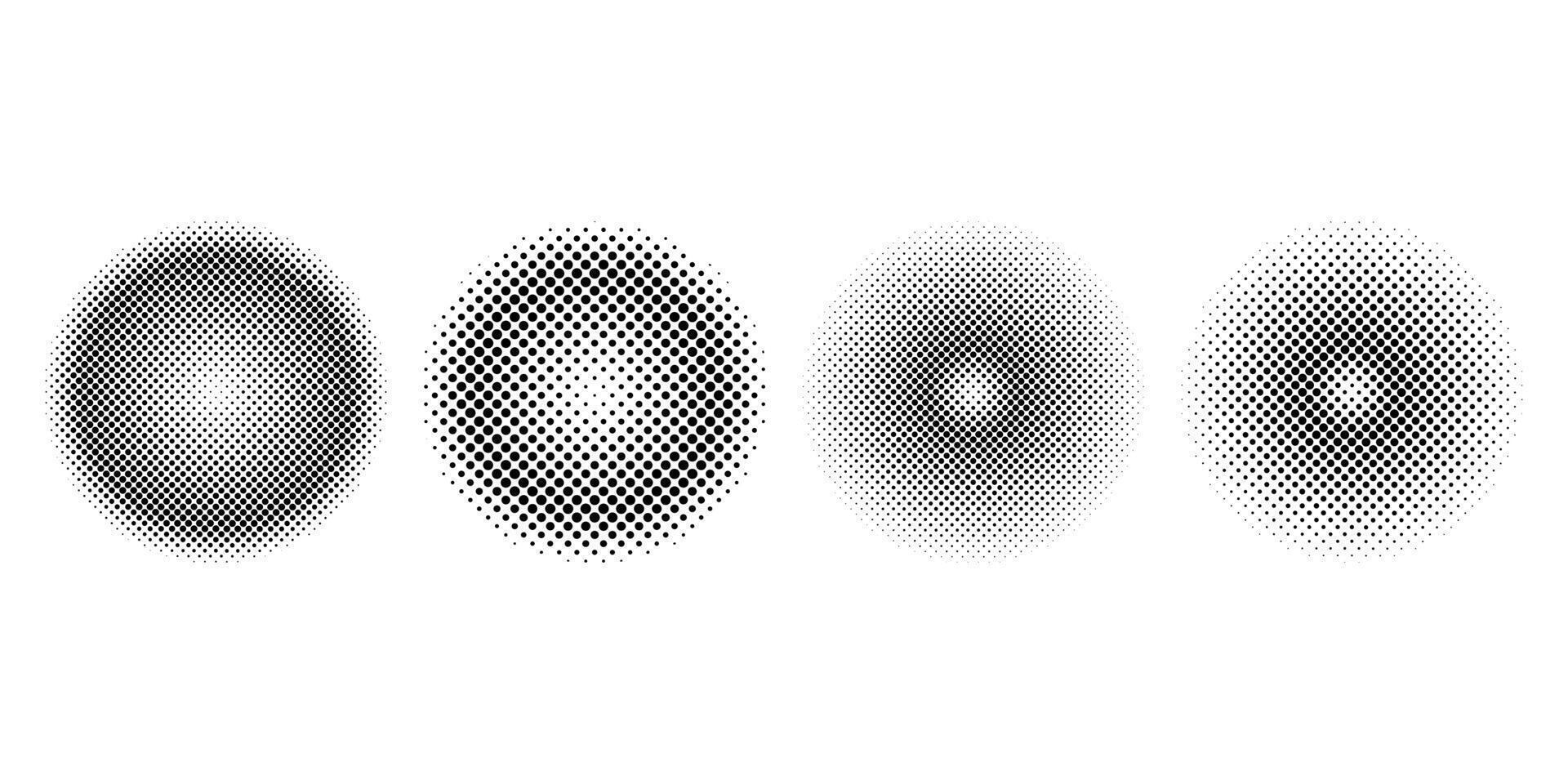 Set of circular halftone gradients with black dot patterns in different densities and transitions, ideal for comic book effects, pop art, modern posters, backgrounds, and digital graphic design. vector