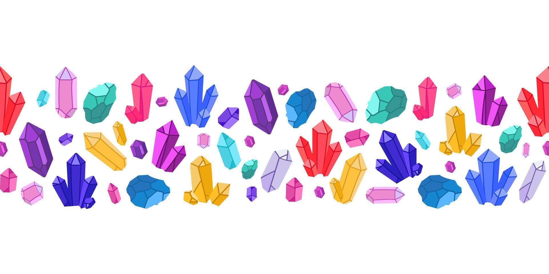 Colorful Crystal and Gemstone Seamless Border illustration. Seamless border with colorful crystals and gemstones, various shapes . design wrapping paper, stickers,backgrounds vector