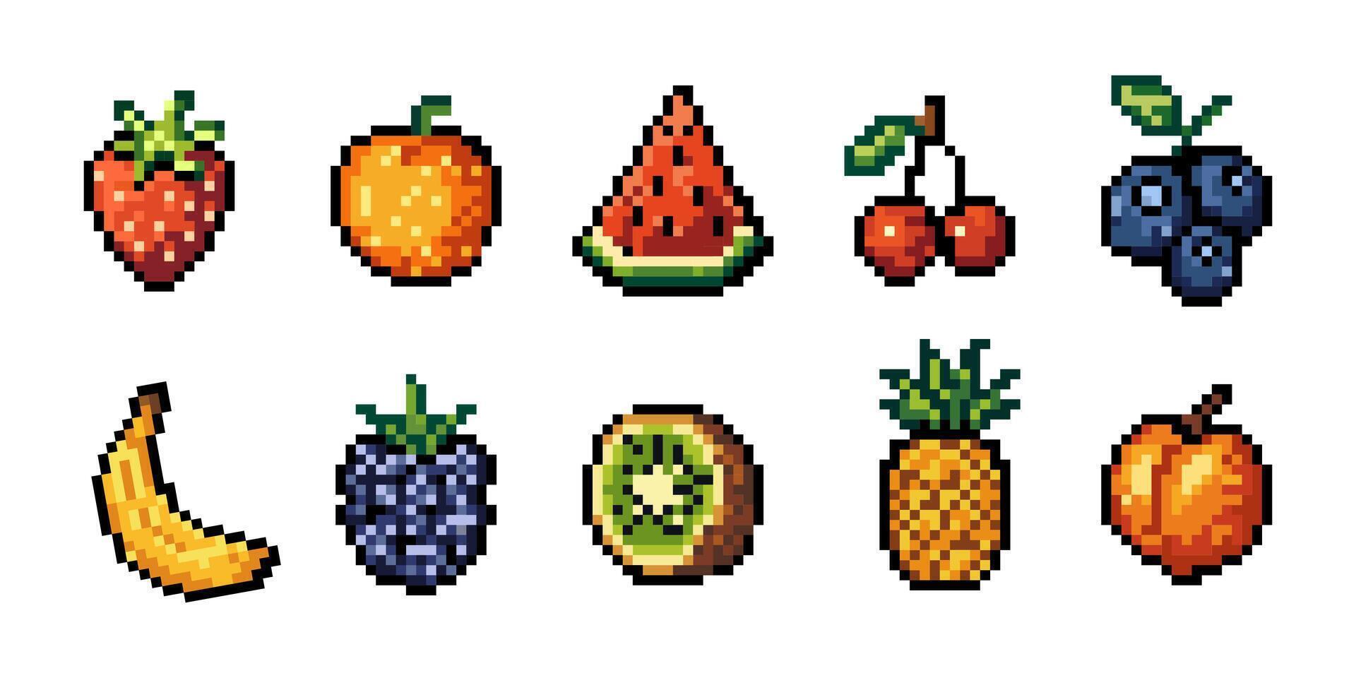 Fruits and berries icons set in retro pixel art style with strawberry, orange, watermelon, cherry, blueberry, banana, blackberry, kiwi, pineapple, and peach,Y2K aesthetics . illustration vector