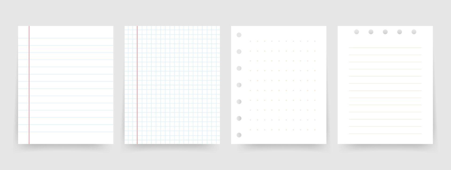 Set of blank paper templates with lined, graph, dotted, and ruled notebook pages, ideal for stationery design, digital planners, school materials, templates, and productivity tools. illustration vector