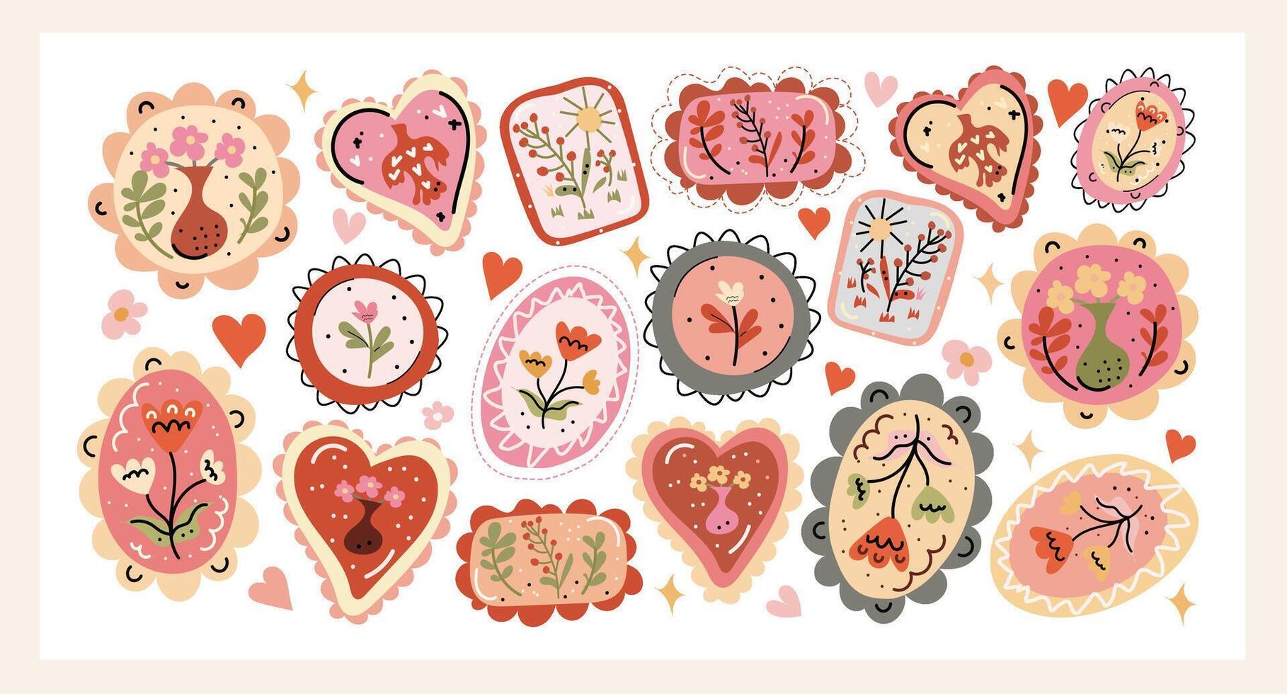 Folk Floral Stickers Set a cozy hand-drawn collection of decorative floral labels and folk-style botanical motifs in heart and oval frames. Perfect for scrapbooking, packaging, and crafts. vector