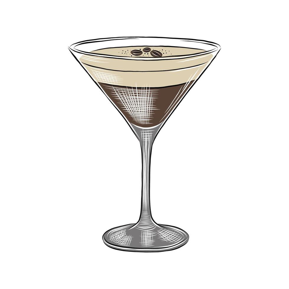 Espresso Martini cocktail in a classic martini glass with coffee bean garnish. vector