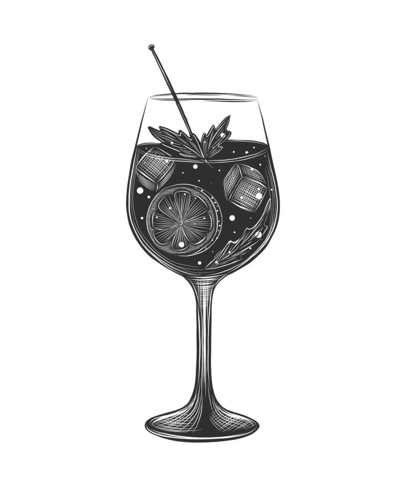 Engraved style illustration for posters, decoration and print. Hand drawn sketch of Hugo alcoholic cocktail, monochrome isolated on white background. Detailed vintage woodcut style vector