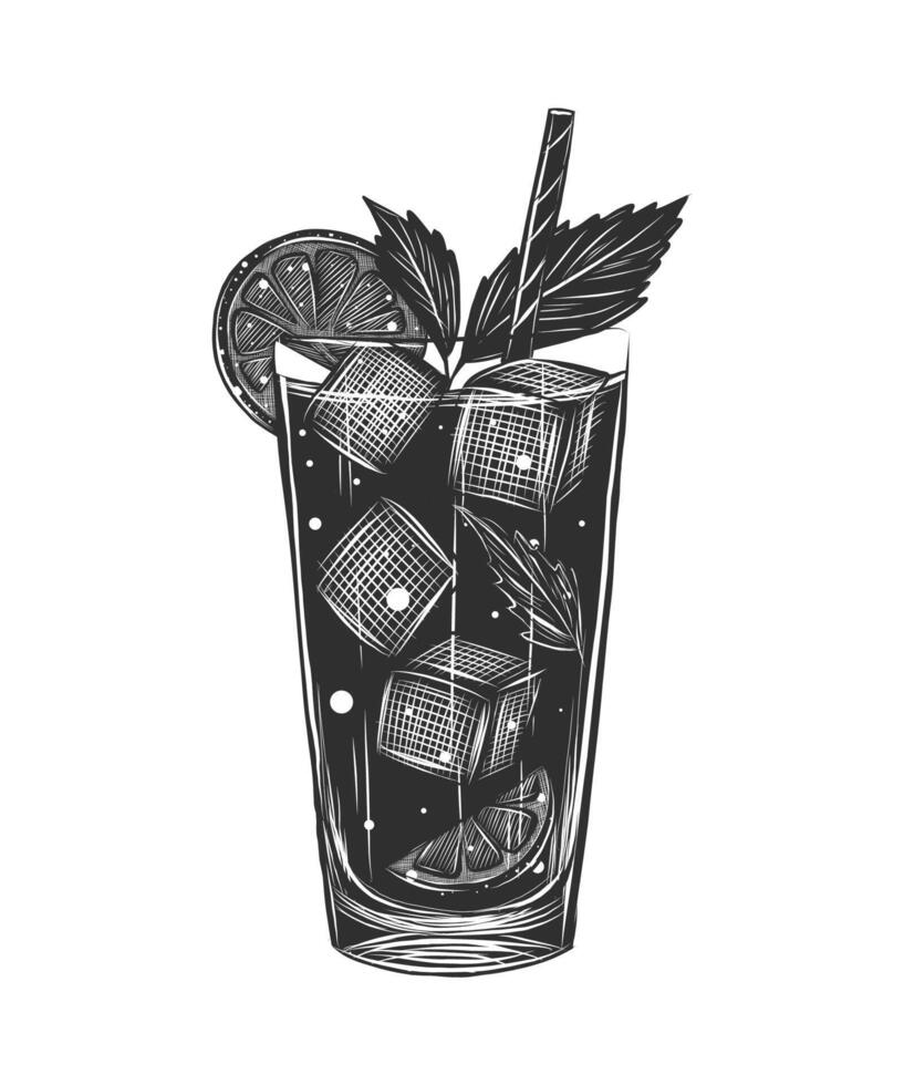 Engraved style Cuba Libre alcoholic cocktail with ice cubes, splashes illustration for posters, decoration, menu and logo. Hand drawn sketch of drink, beverage isolated on white background. vector