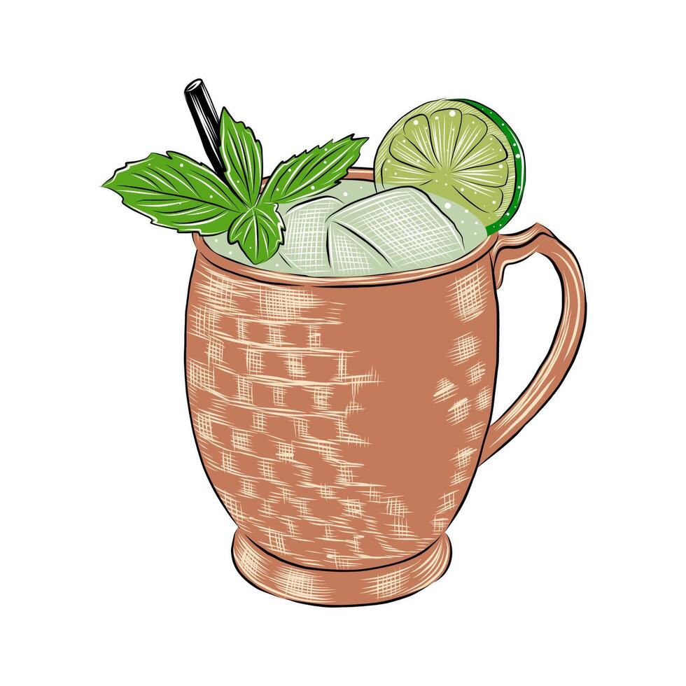 Engraved style illustration of Moscow Mule cocktail for posters, decoration and print. Hand drawn sketch, colorful isolated on white background. vector