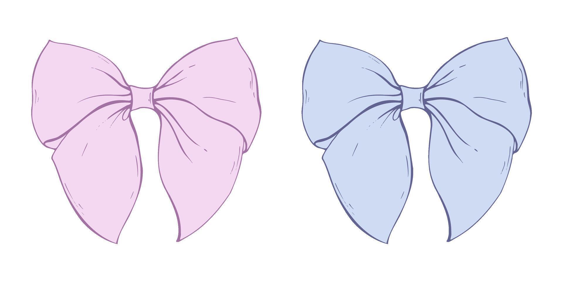 Satin fabric bow, with short wide ribbons Graphic sketch illustration hand drawn line art, outline in blue and pink. Single isolated element EPS, for hair decoration, clothes, gifts vector