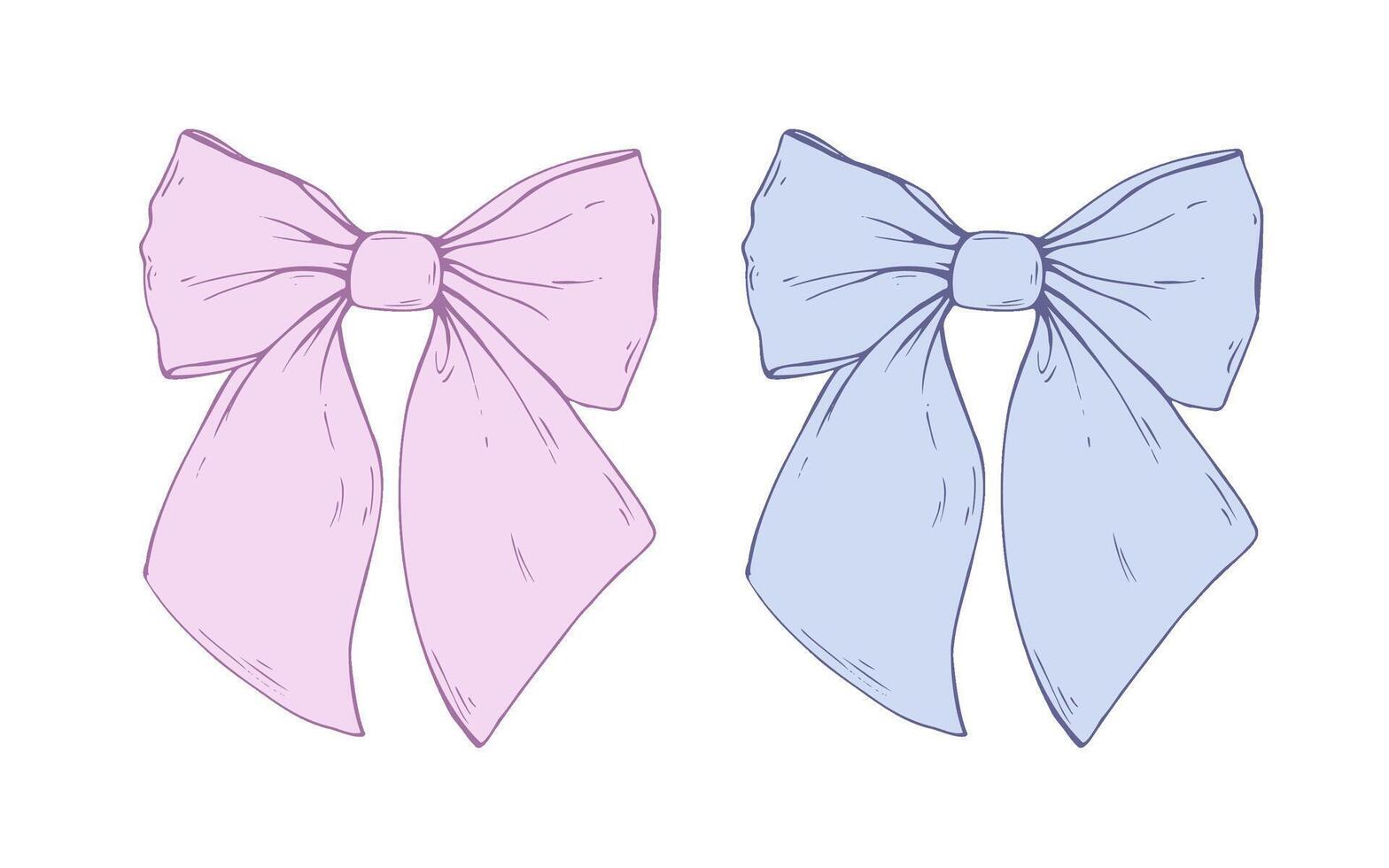 Satin fabric bow with short wide ribbons Graphic sketch illustration hand drawn line art, outline in blue and pink. Single isolated element EPS, for hair decoration, clothes, holidays vector