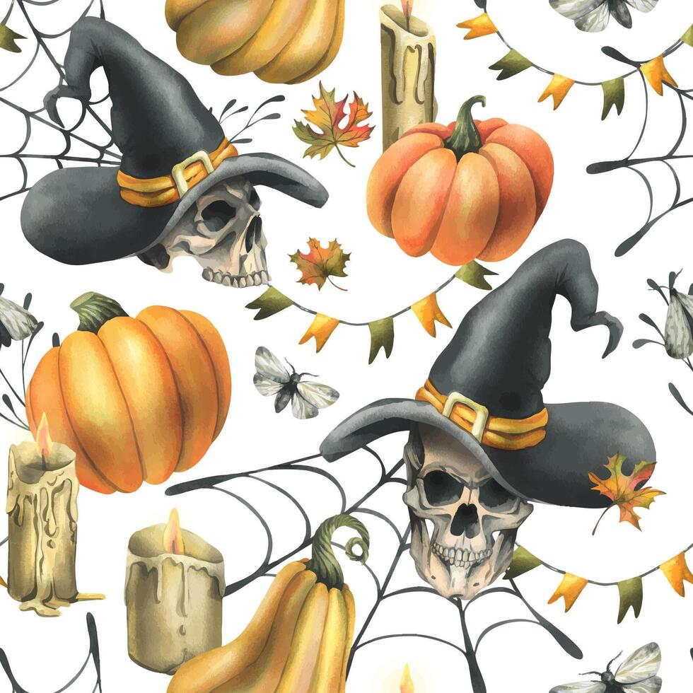 Human skulls in a black witch hat orange pumpkins, cobwebs, candles and autumn maple leaves. Hand drawn watercolor illustration for Halloween. Seamless pattern on a white background vector