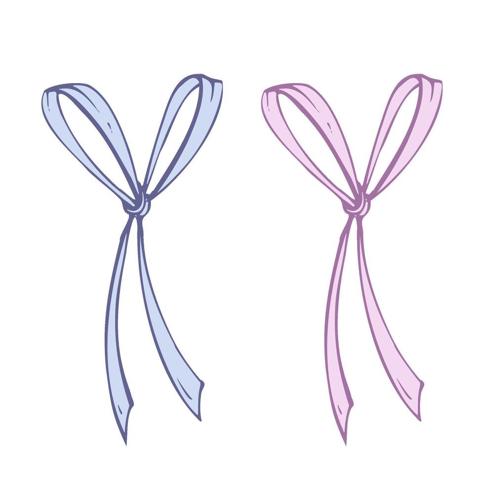 Satin, small, simple bow made of fabric thin ribbons. Graphic sketch illustration hand drawn line art, outline in blue and pink. Single isolated element EPS, for hair decoration, clothes gifts vector