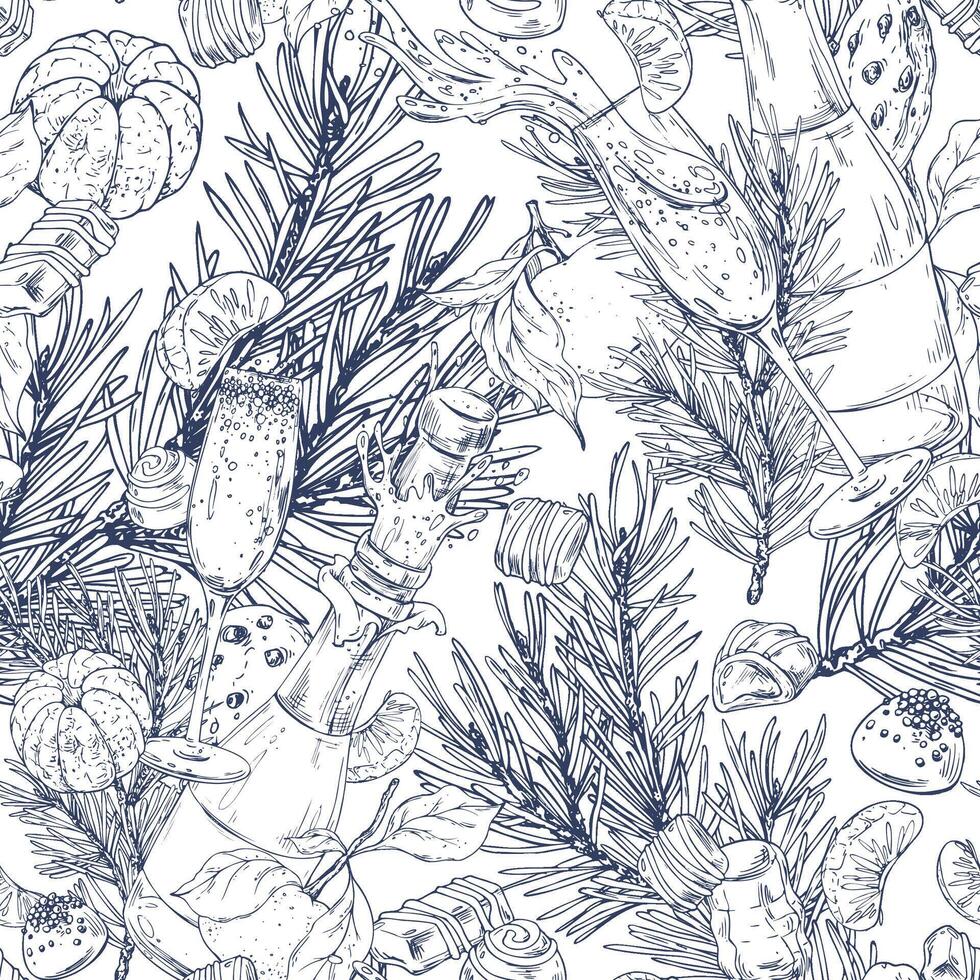 Christmas collection tangerines, sweets, spices, champagne and plants. Graphic illustration hand drawn in black ink. Seamless pattern EPS . vector