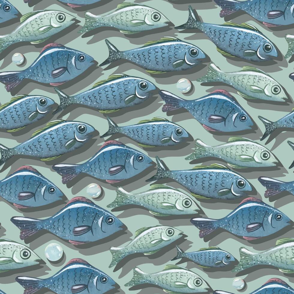 Simple fish and bubbles watercolor, seamless pattern. A flock, a school of fish, in blue-gray color. For decoration and design of fabrics, textiles, wallpaper, covers, equipment of fishermen vector