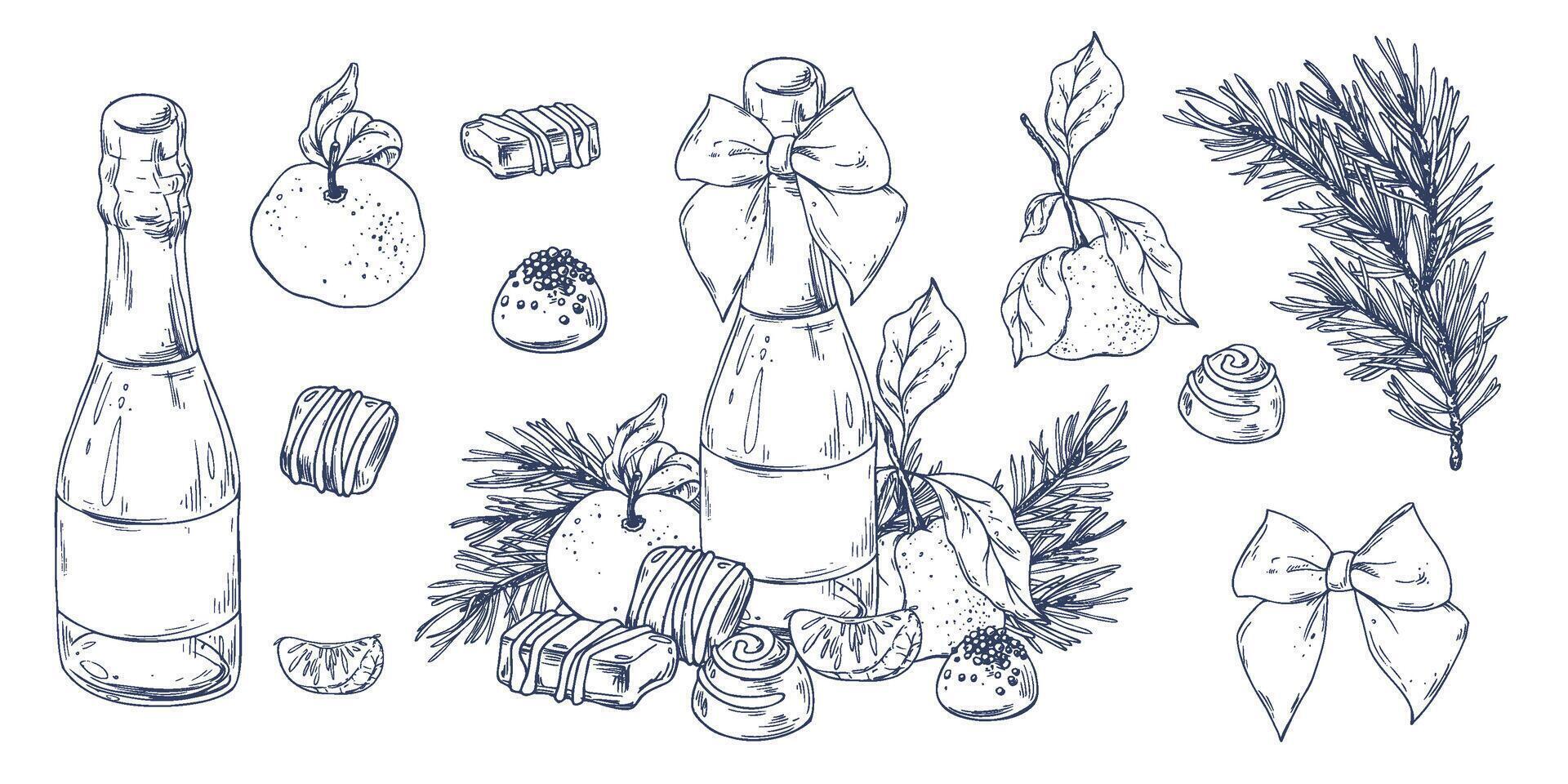 Christmas collection with tangerines, sweets, spices, champagne plants. Graphic illustration hand drawn in black ink. A set of separate isolated elements of objects EPS . vector