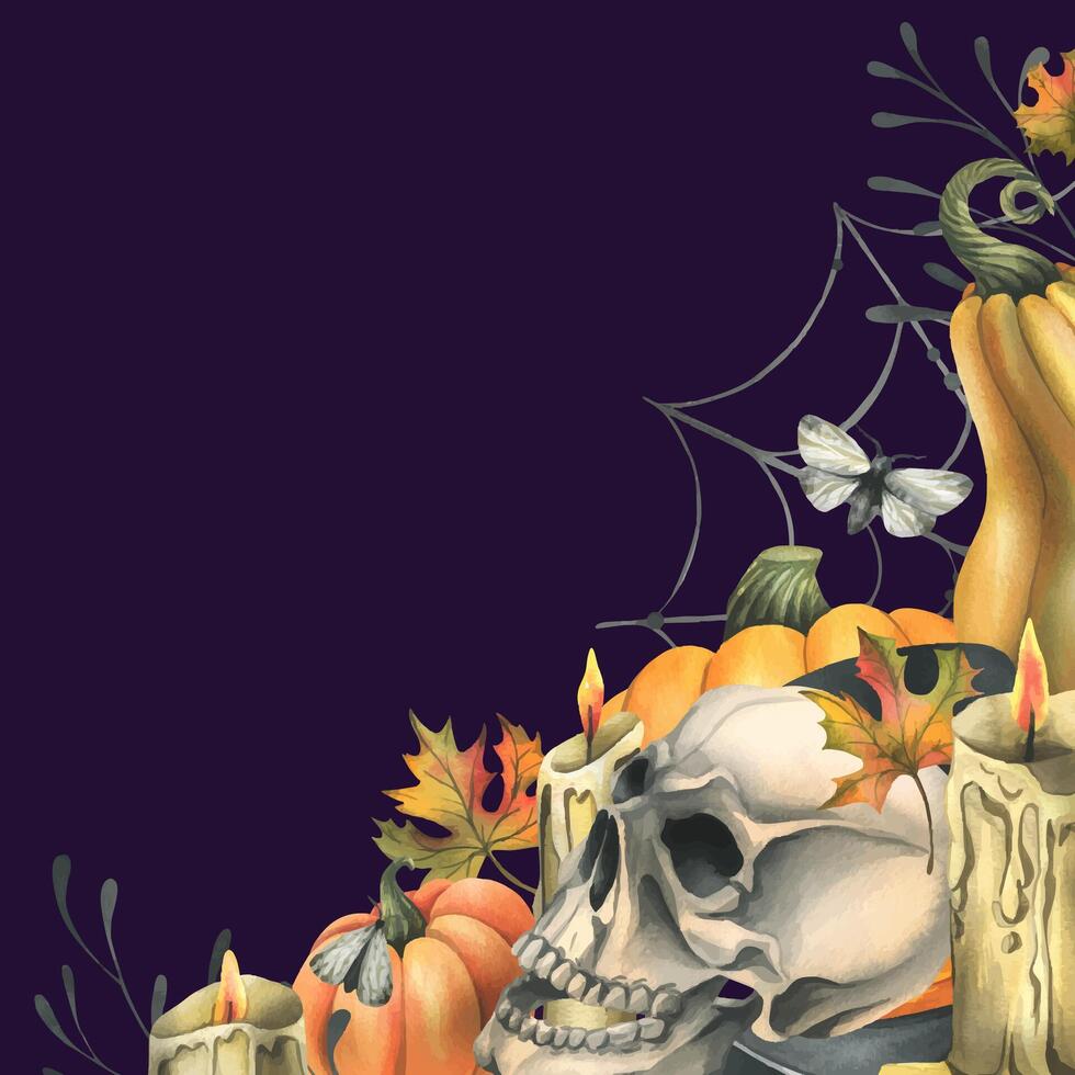 Human skull with orange pumpkins candles, night moths, cobwebs and autumn leaves. Hand drawn watercolor illustration for Halloween and Day of the Dead. Template on a dark purple background vector