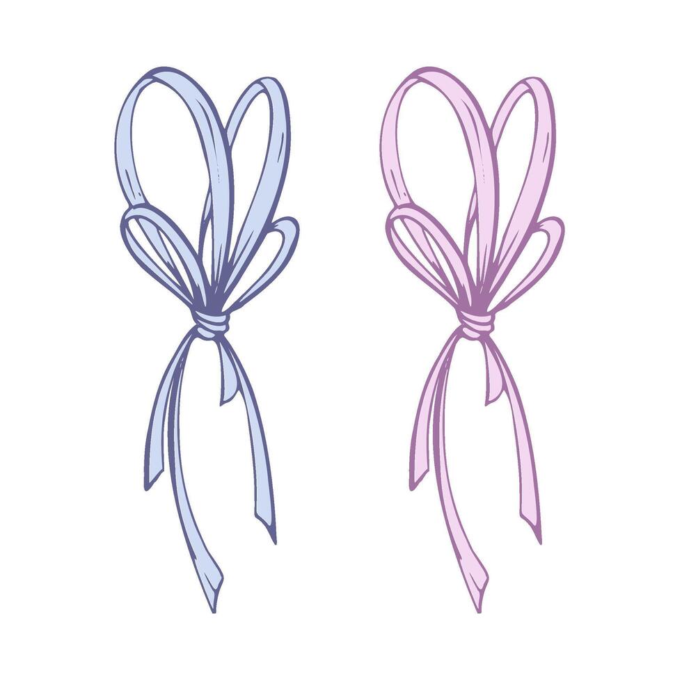Satin simple bow made of fabric thin ribbons. Graphic sketch illustration hand drawn line art, outline in blue and pink. Single isolated element EPS, for hair decoration, clothes gifts vector