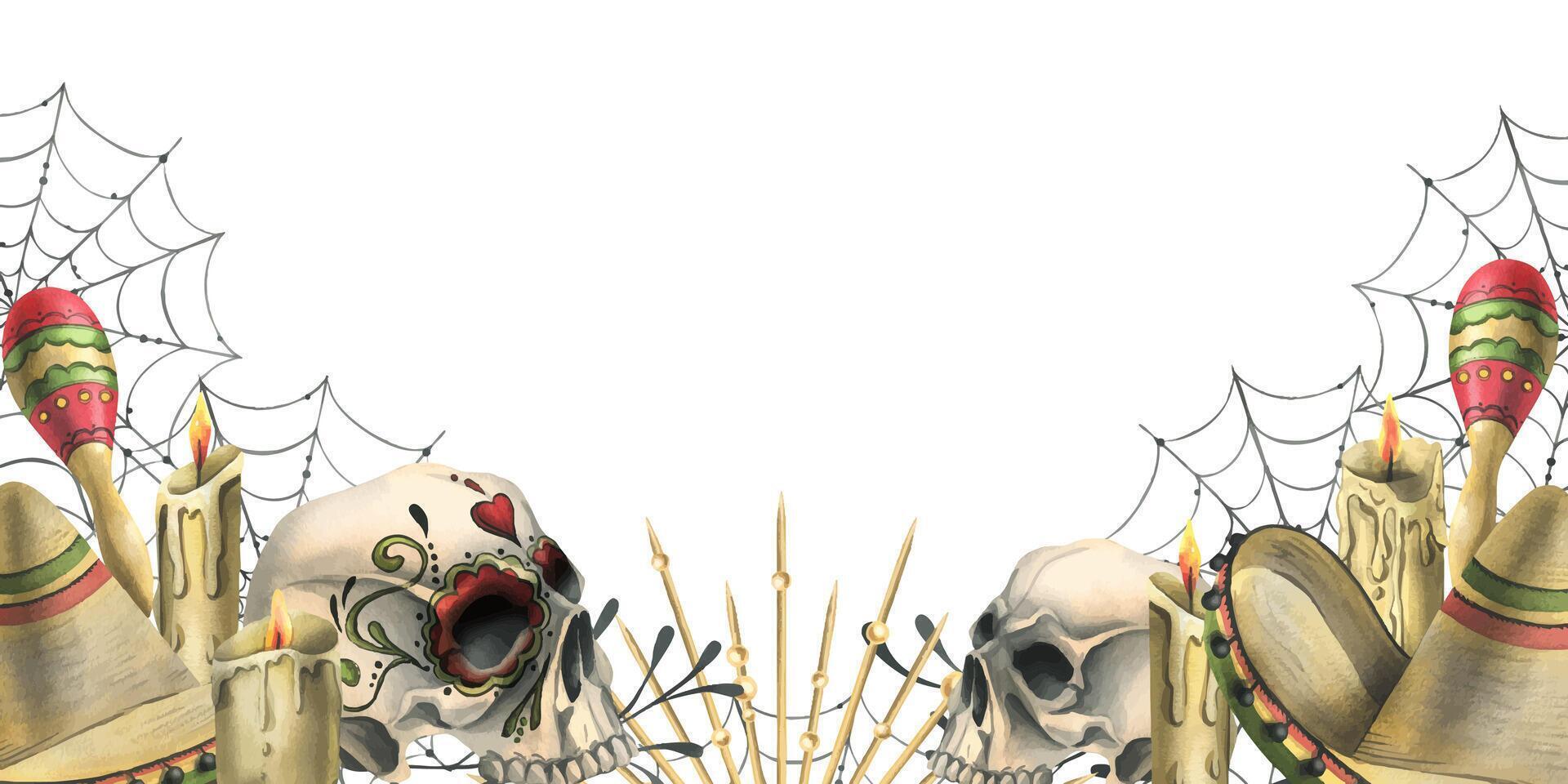 Ornamented human skull with a sombrero hat maracas, candles, golden rays and cobwebs. Hand drawn watercolor illustration for day of the dead, halloween, Dia de los muertos. Border, template, frame vector