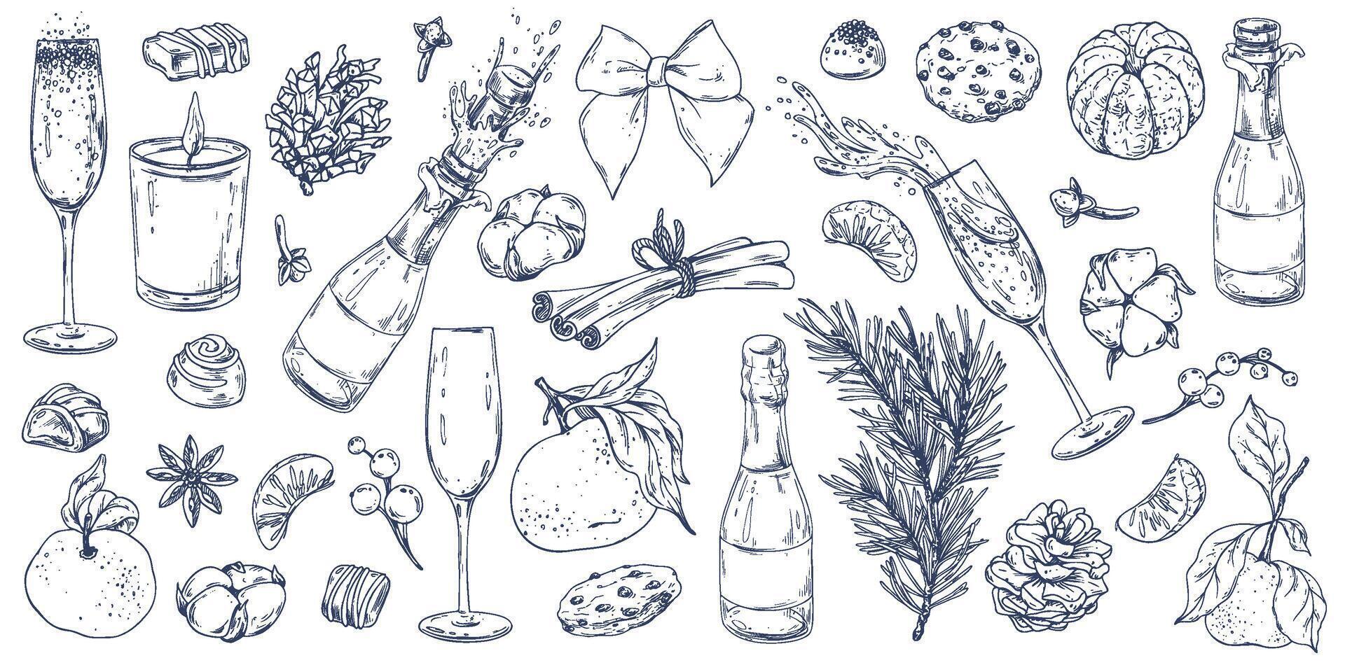 Christmas collection with tangerines, sweets, spices, champagne and plants. Graphic illustration hand drawn in black ink. A set of separate isolated elements of EPS . vector
