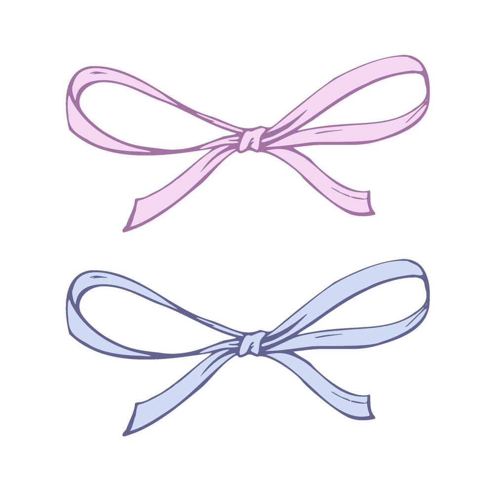 Satin, small, simple bow made of fabric, thin ribbons Graphic sketch illustration hand drawn line art, outline in blue and pink. Single isolated element EPS, for hair decoration, clothes gifts vector