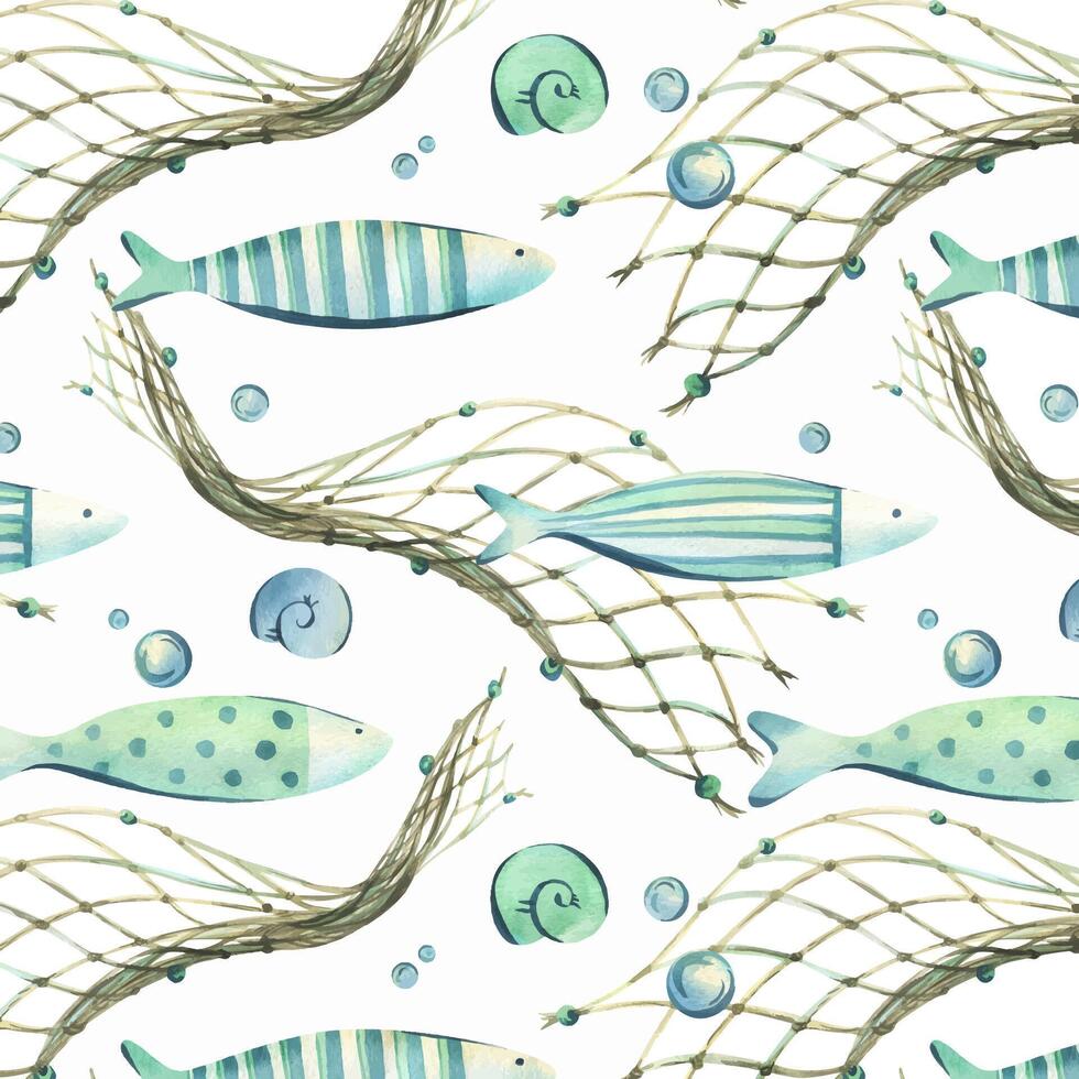 Decorative fish of blue and turquoise color swim with bubbles, shells and fishing net. Watercolor illustration hand-drawn on the theme of sea and fishing. Seamless pattern vector