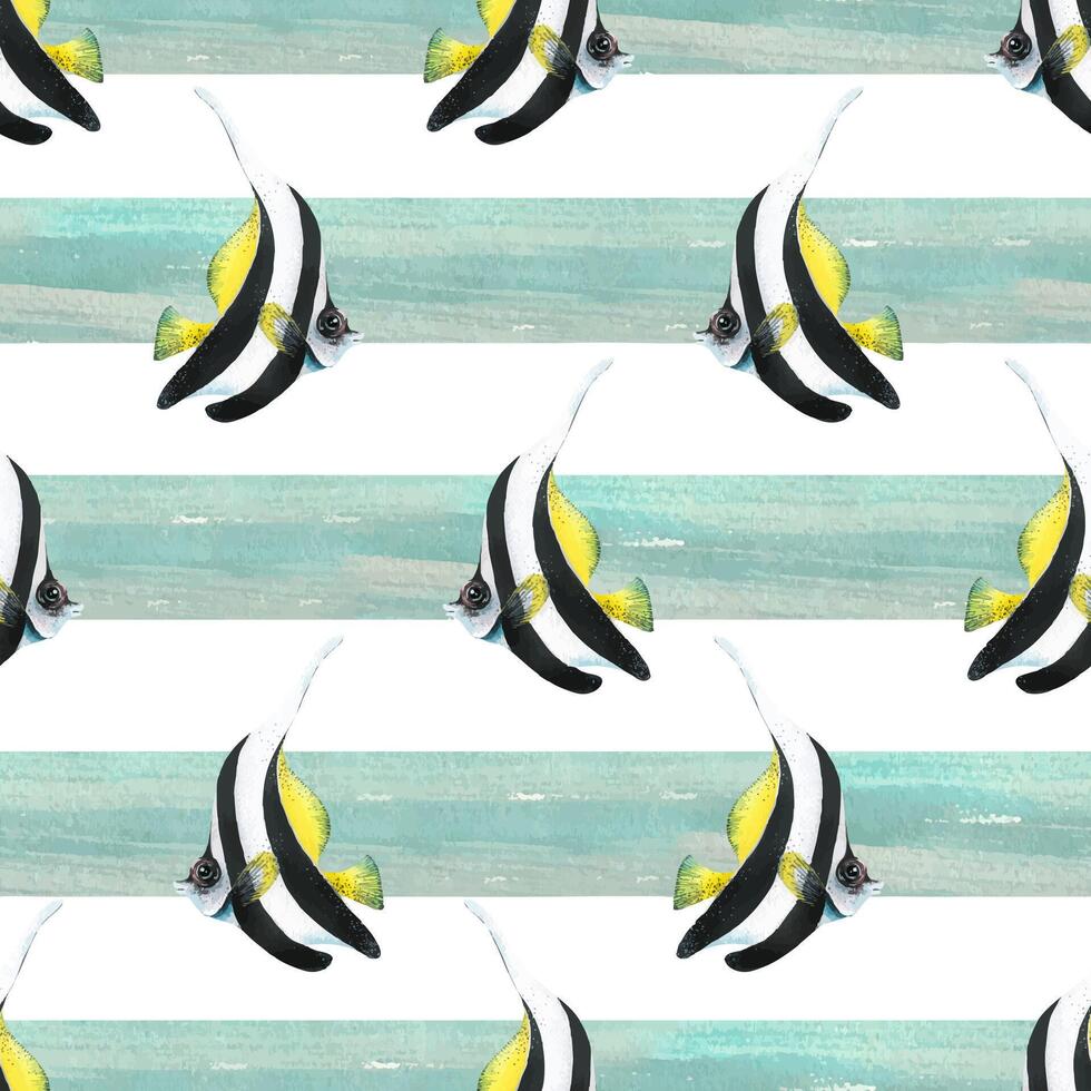 Bright, striped, black-and-white with yellow, triangular, tropical fish on a background of horizontal blue stripes. Watercolor illustration. Seamless pattern from a set of TROPICAL FISH vector