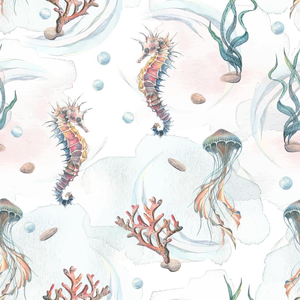 Watercolor illustration pattern starfish, shells, corals jellyfish, seahorse, water, sea, ocean. Simple childish gentle Fabrics textiles wallpaper paper background vector