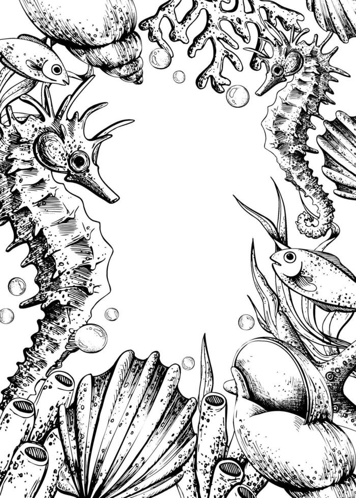 Seahorse, corals, sea sponges, seaweed, shells, starfish and bubbles. Hand drawn graphic illustration in black and white color line art. Frame template vertical for text on marine theme vector