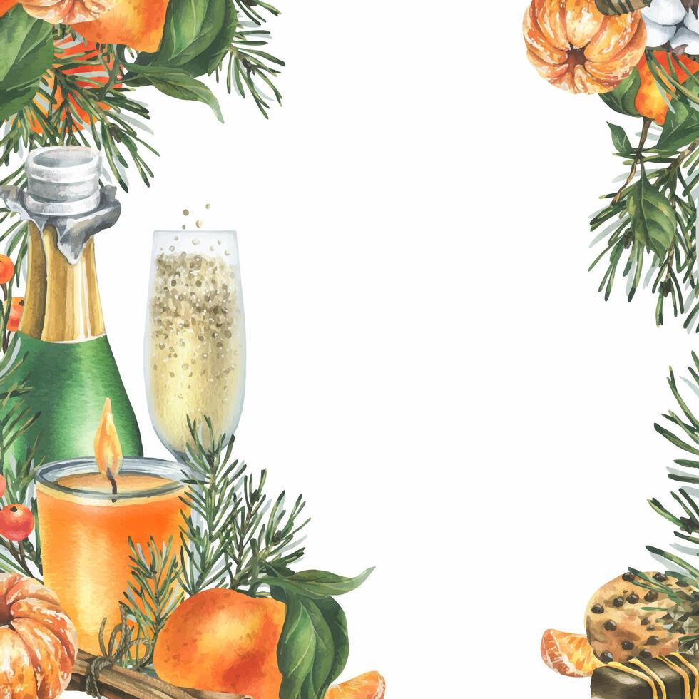 Christmas template with tangerines, sweets, spices, champagne and plants. Watercolor illustration, hand drawn for holiday decor. Frame on a white background vector