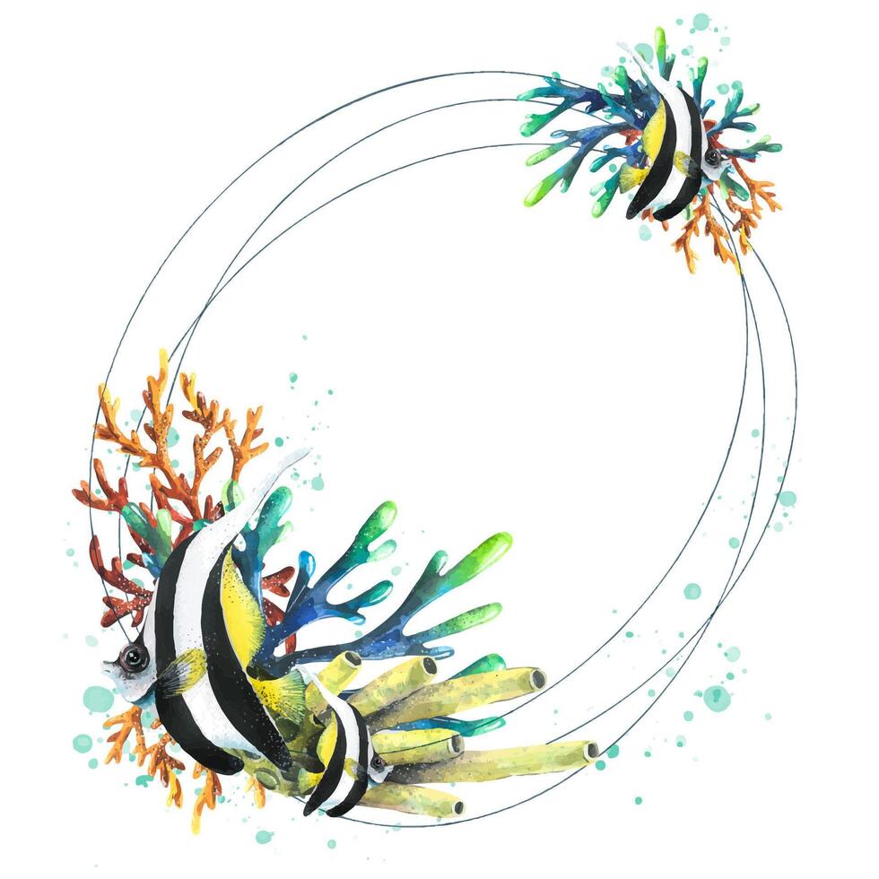 Oval frame with tropical, bright fish, corals and splashes. Watercolor illustration. For postcards, posters, menus, beach and marine accessories, design and registration of invitations, certificates. vector