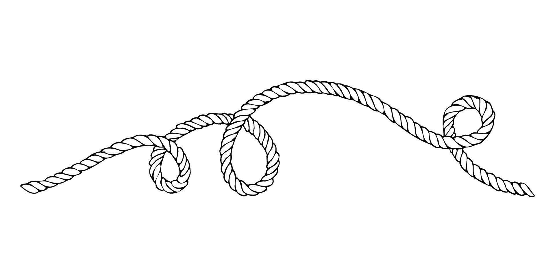 Rope, twine, jute , straight, wave and twisted with loops. Graphic line art hand drawn on the theme of sea and fishing in black and white ink. Separate element isolated from the background EPS vector