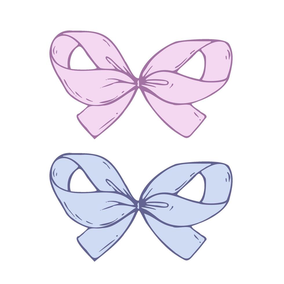 Satin fabric bow with short wide ribbons. Graphic sketch illustration hand drawn line art, outline in blue and pink. Single isolated element EPS, for hair decoration, clothes, gifts, holidays vector
