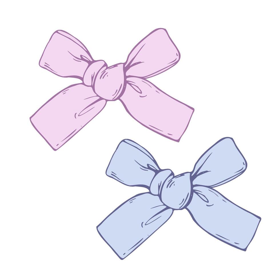 Satin fabric bow, with short wide ribbons Graphic sketch illustration hand drawn line art, outline in blue and pink. Single isolated element EPS, clothes, gifts, holidays vector
