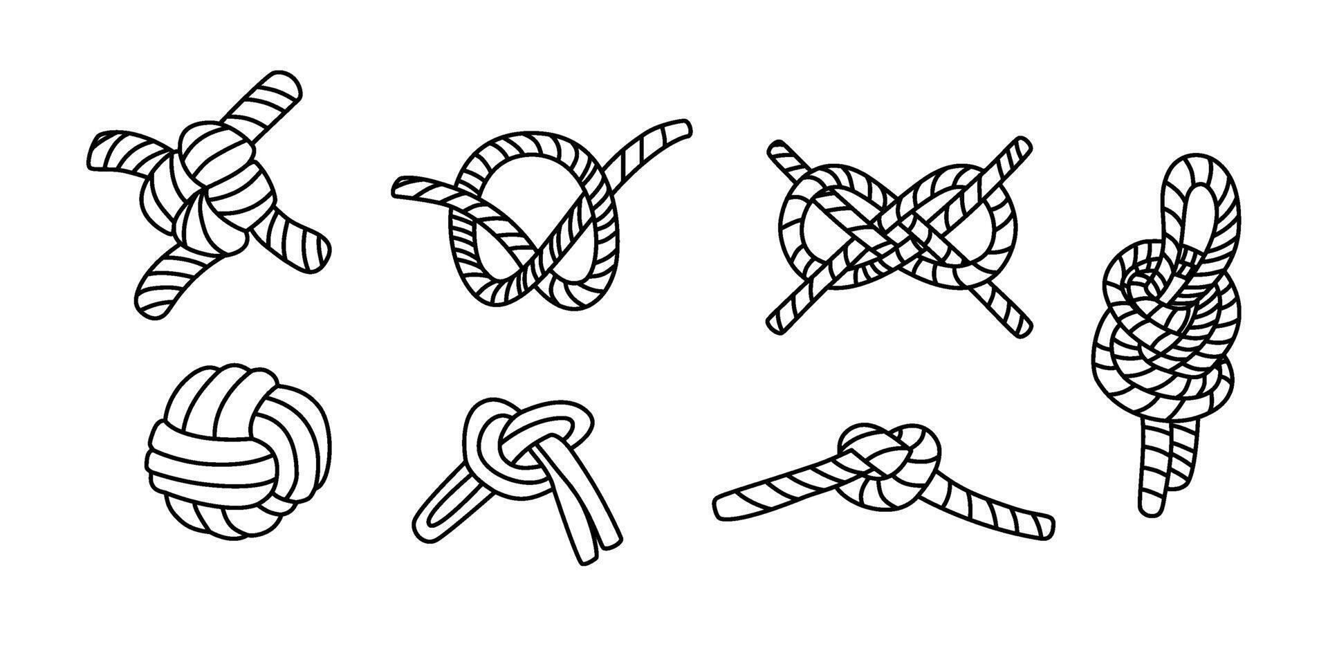 Set illustrations of nautical rope knots. Nautical, travel and decorative loops. vector