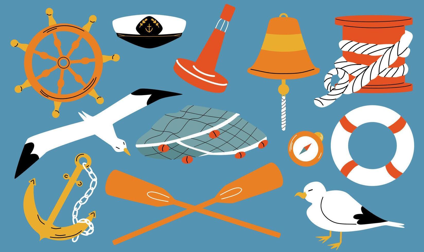 Nautical hand drawn elements. Marine set. Life buoy, steering wheel, anchor, fishing net and seagull vector
