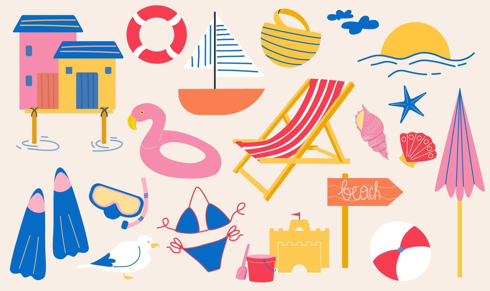 A set of summer beach elements. Colorful cartoon set. Beach house, scuba diving, sand castle. vector