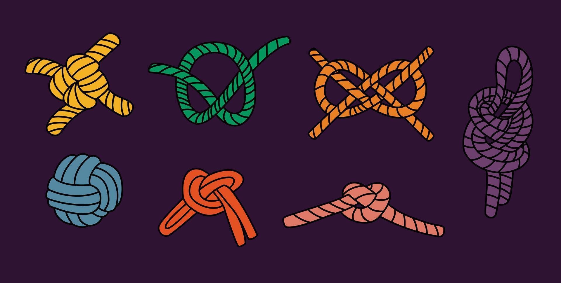 Set illustrations of nautical rope knots. Knotted ropes in various colors. vector