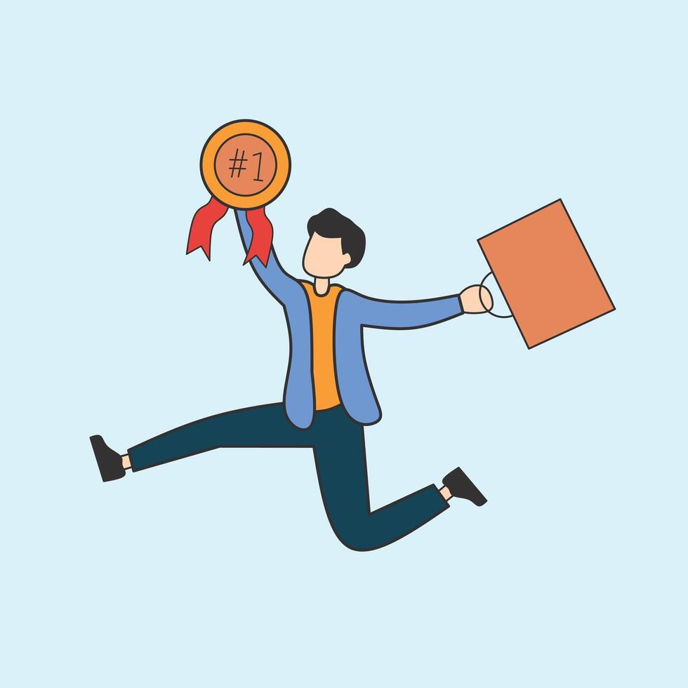 An illustration of a joyful man jumping with a number one medal signifying a top achievement, while also holding a bag representing business growth or success vector